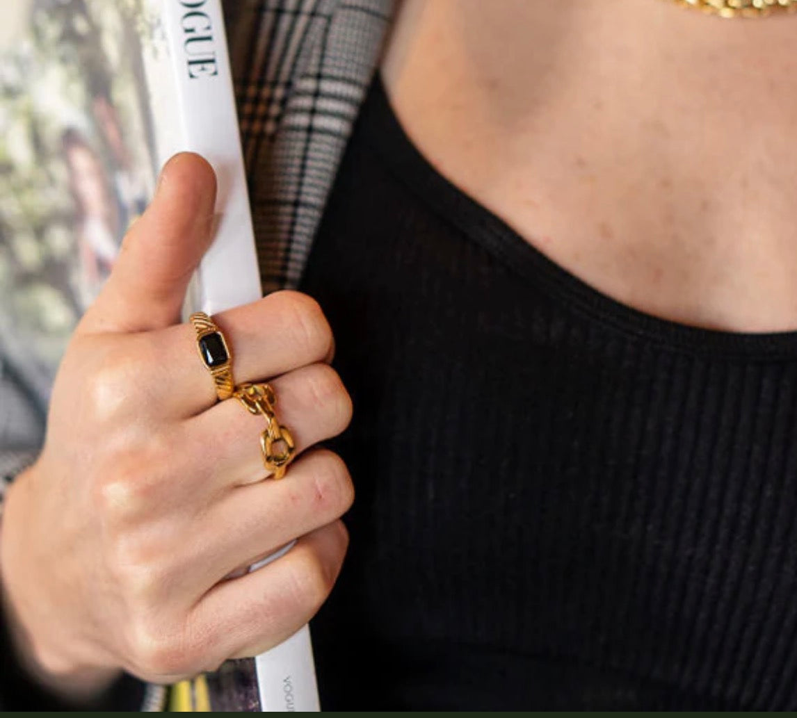 Waterproof Gold Black Stone Ring